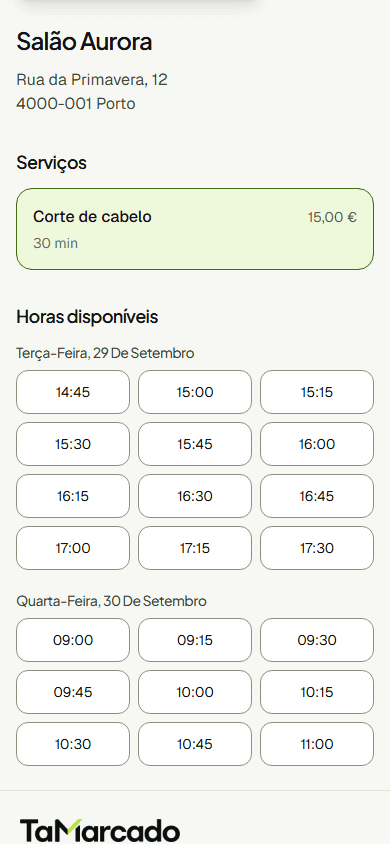 Página de marcações do Salão Aurora com serviço e horários disponíveis
