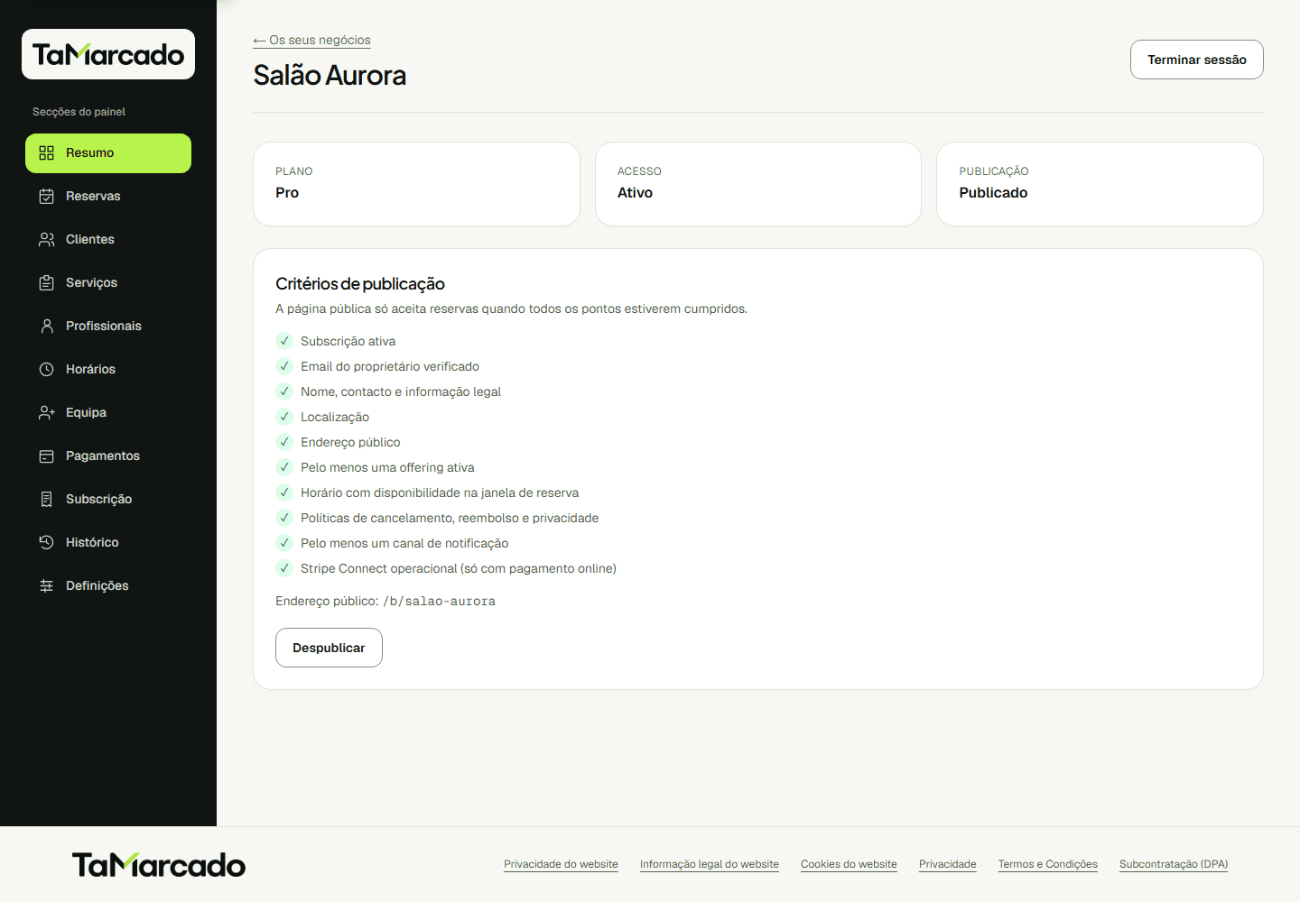 Painel do Salão Aurora com acesso a serviços, profissionais e horários